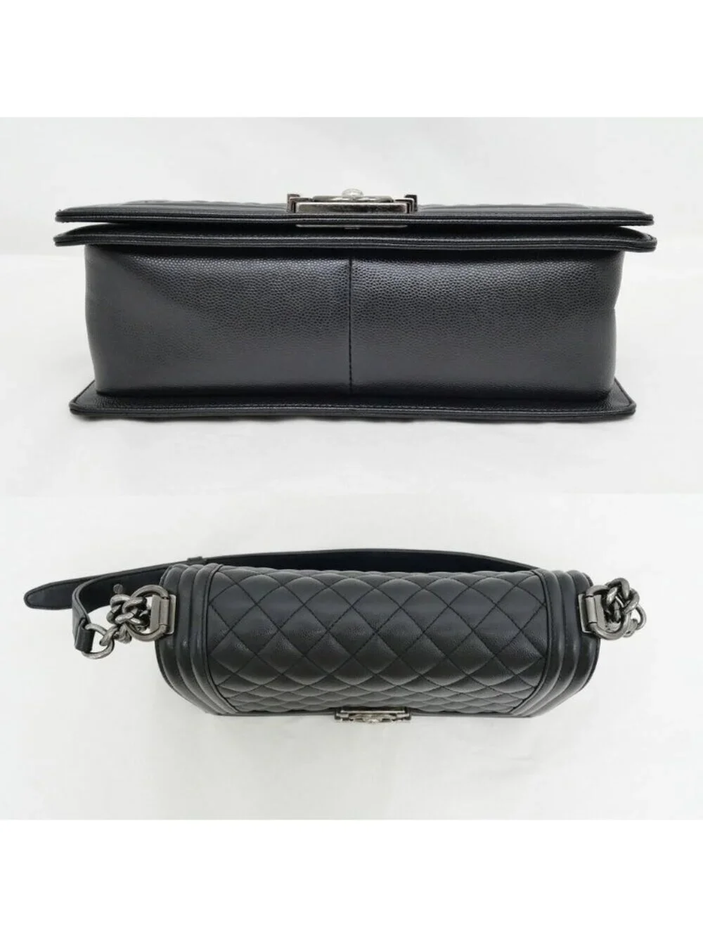 Chanel Boy 25 Chain Shoulder Bag Caviar Leather Quilted Black Gun